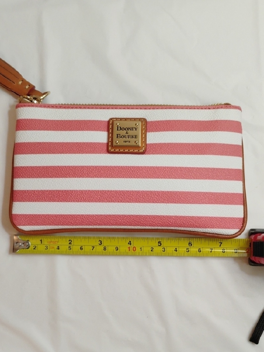 Dooney & Bourke Pink and White Striped Wristlet with Tan Tassel - Picture 3 of 4